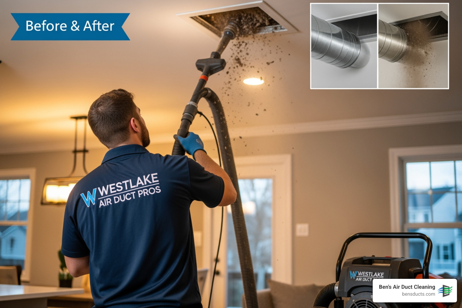 Infographic showing how dust, allergens, pet dander, and mold spores travel through a home's ductwork system, circulating from the furnace through supply ducts into living spaces and back through return ducts, with callouts highlighting common contamination points - best residential air duct cleaning in westlake, oh