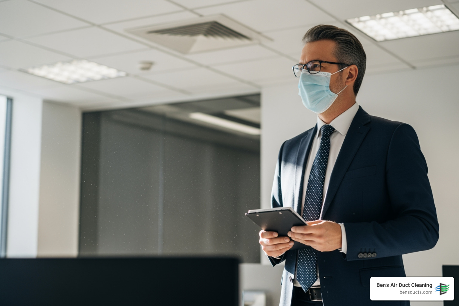 infographic showing how dust, allergens, mold, and pollutants circulate through a commercial building's HVAC system from the ductwork to office spaces, conference rooms, and common areas, with arrows indicating airflow patterns - commercial air duct cleaning in westlake, oh