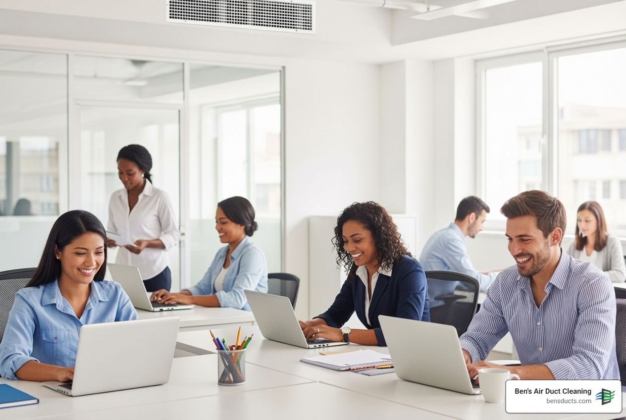 infographic showing benefits of commercial air duct cleaning including improved air quality, reduced allergens, lower energy costs, extended HVAC lifespan, and healthier employees - best commercial air duct cleaning in westlake, oh