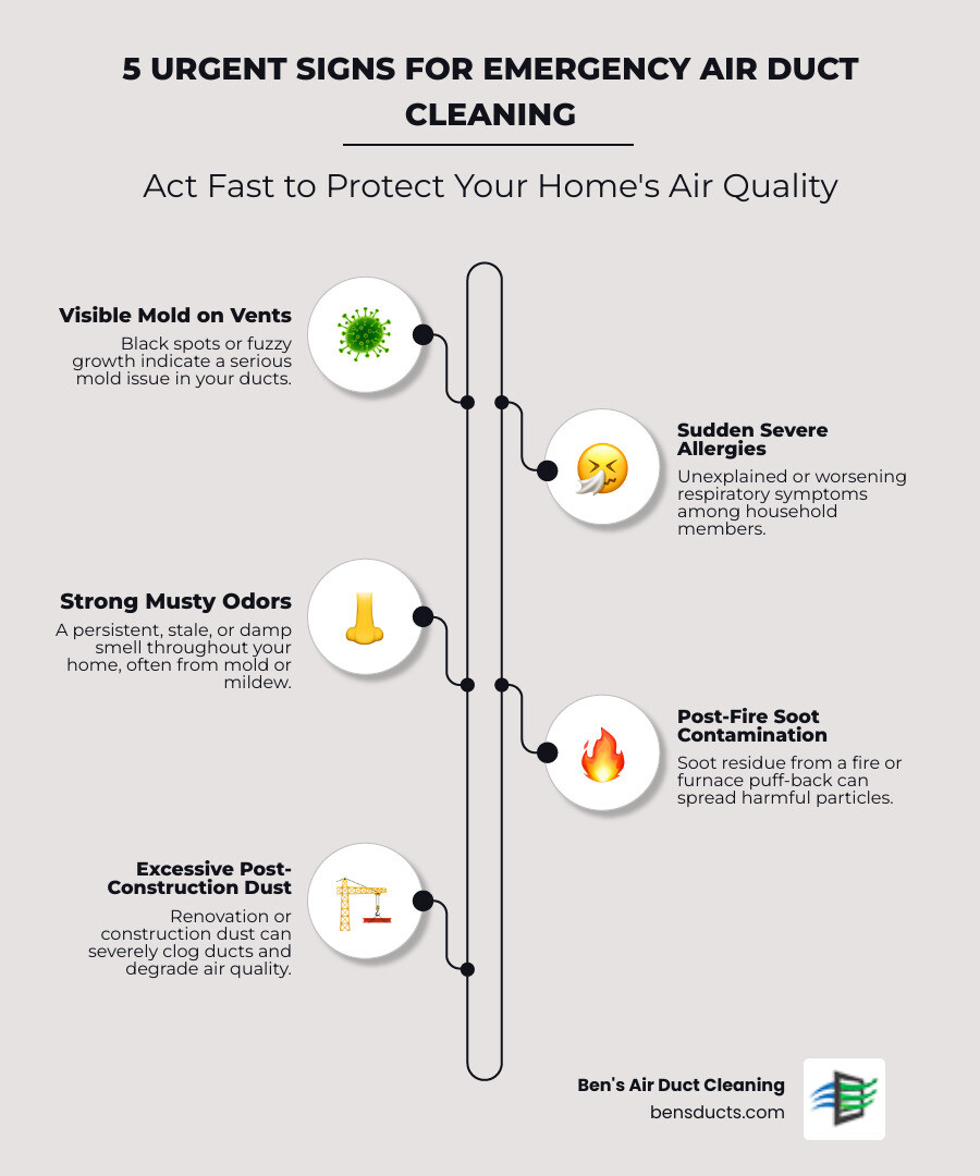 Infographic showing five emergency warning signs requiring immediate air duct cleaning: visible mold on vents, sudden severe allergies, strong musty odors, post-fire soot contamination, and excessive dust after construction - 24 hour residential air duct cleaning in westlake, oh infographic infographic-line-5-steps-elegant_beige