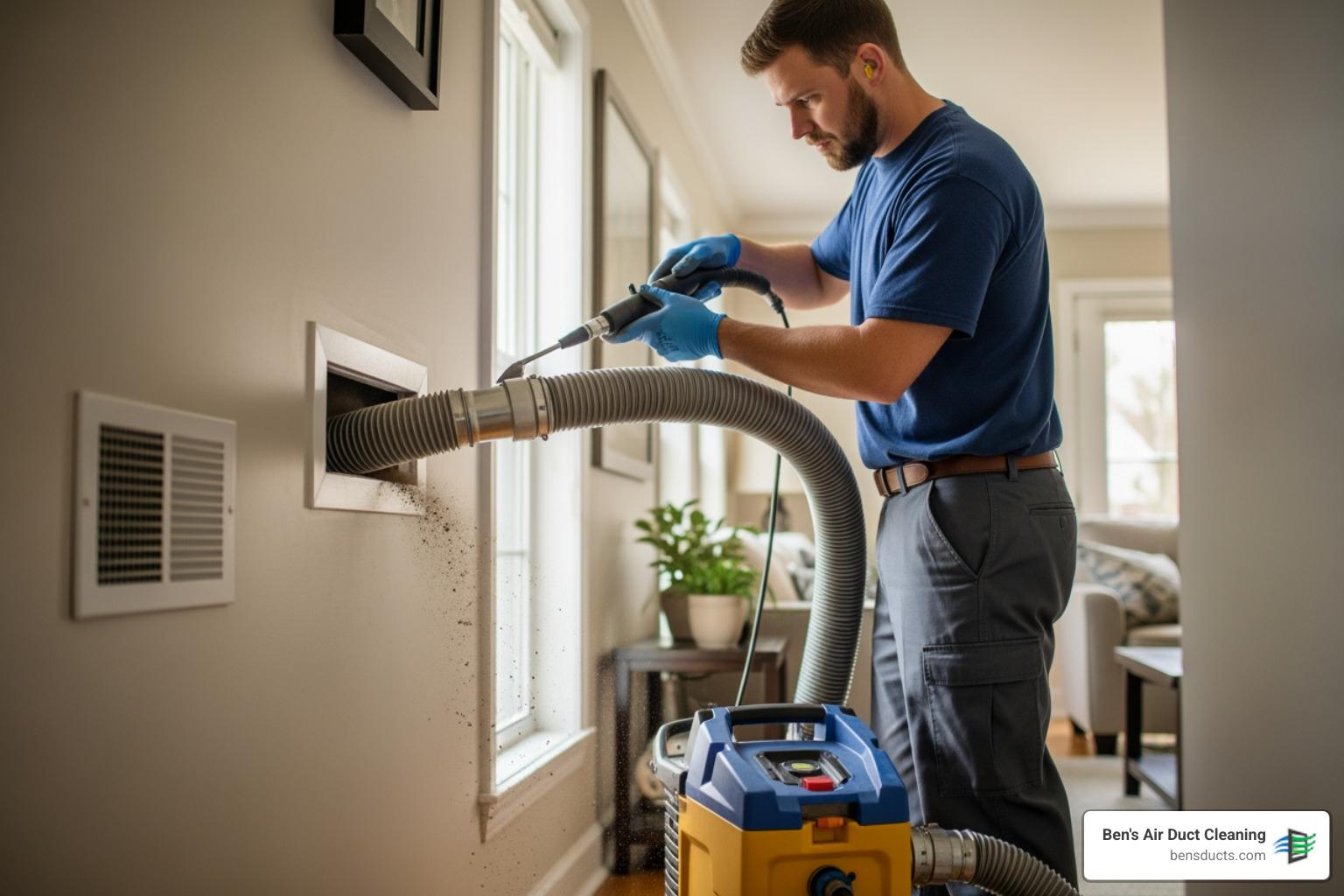 Infographic showing how outdoor allergens, dust, and pollutants enter a home through windows and doors, then circulate through the HVAC system and accumulate in air ducts over time, eventually recirculating throughout living spaces - affordable residential air duct cleaning in westlake, oh