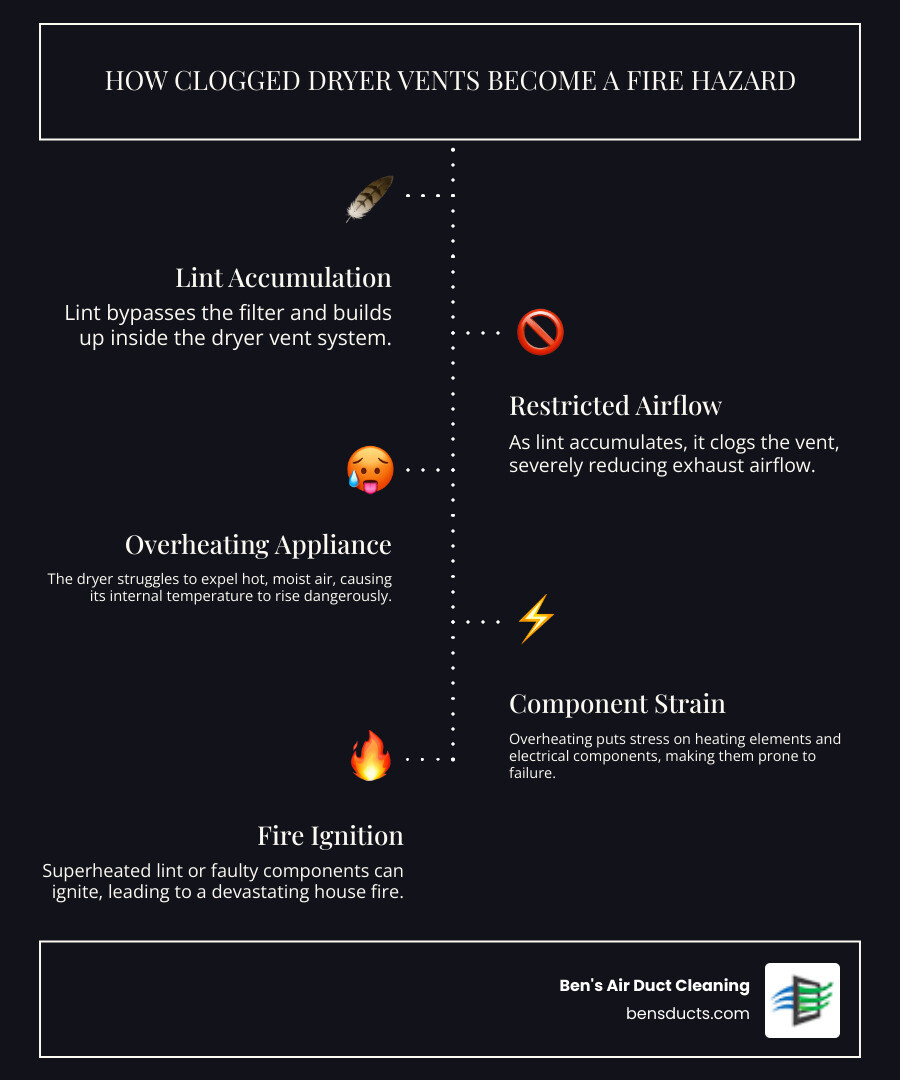Infographic showing how lint accumulates in dryer vents and creates fire risk, with statistics on annual dryer fires and warning signs of dangerous buildup including restricted airflow, overheating, and lint accumulation at exterior vent - best residential dryer vent cleaning in westlake, oh infographic infographic-line-5-steps-dark