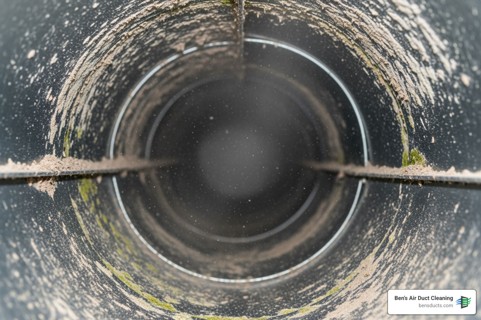 Infographic showing how commercial air duct systems accumulate dust, pollen, mold spores, and debris over time, and how these contaminants circulate through the HVAC system affecting indoor air quality in office buildings, with arrows indicating airflow patterns and buildup areas in ductwork - commercial air duct cleaning amherst oh