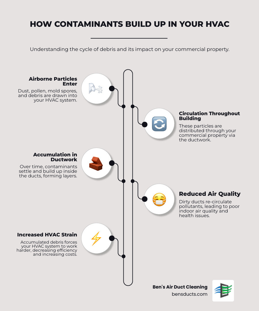 infographic showing dust, allergens, mold, and debris moving through a commercial HVAC system and settling in ductwork, with arrows indicating poor circulation and buildup over time - affordable commercial air duct cleaning in amherst, oh infographic infographic-line-5-steps-elegant_beige