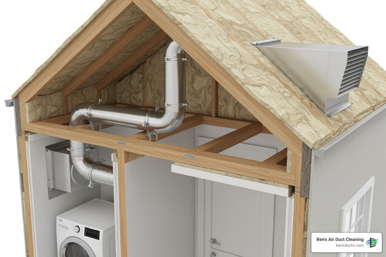 Infographic showing dryer vent system components including the dryer unit, exhaust duct line running through walls or attic, exterior vent cap, and arrows indicating hot air and moisture flow from laundry room to outside, with labels highlighting common lint accumulation points and fire risk zones - affordable residential dryer vent cleaning in fairlawn, oh