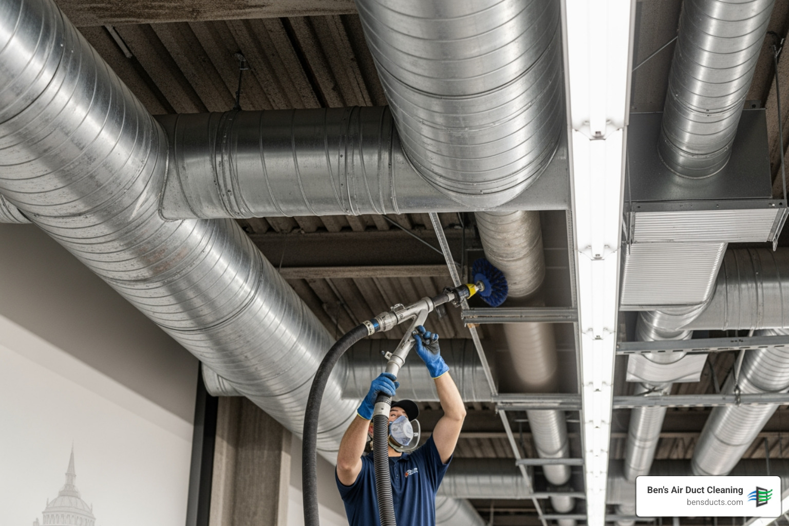 infographic showing benefits of commercial air duct cleaning including improved air quality, lower energy costs, healthier employees, extended HVAC lifespan, and regulatory compliance - best commercial air duct cleaning in amherst, oh