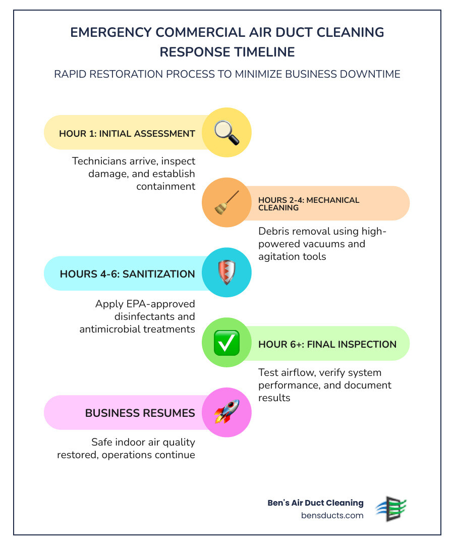 Infographic showing emergency commercial air duct cleaning response timeline: hour 1 initial assessment and containment, hours 2-4 mechanical cleaning and debris removal, hours 4-6 sanitization and antimicrobial treatment, hour 6+ final inspection and system testing, with icons for fire damage smoke soot water intrusion mold growth and biohazard contamination - emergency commercial air duct cleaning in avon lake, oh infographic infographic-line-5-steps-colors