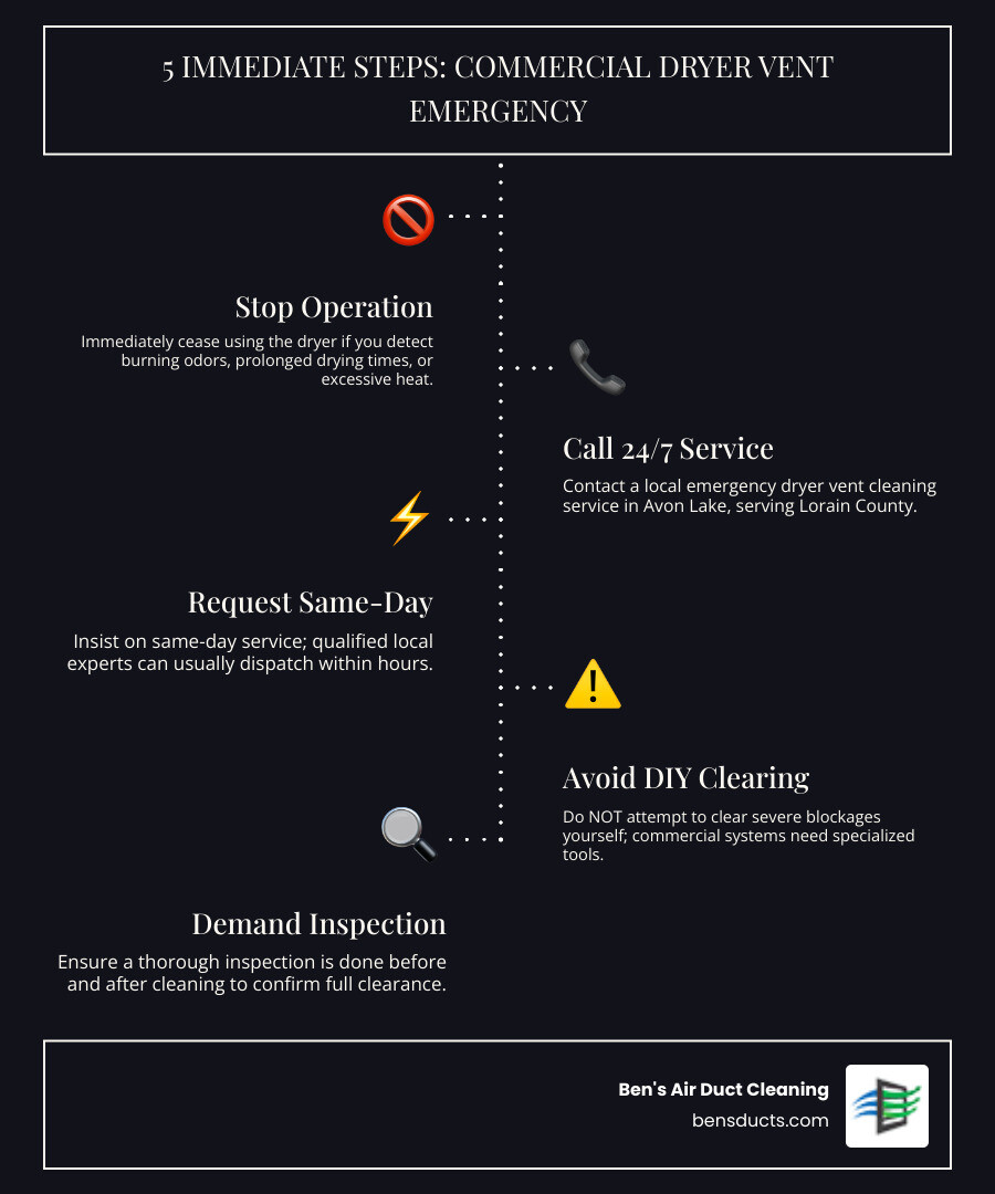 Infographic showing the top 5 warning signs of a dangerous commercial dryer vent clog in Avon Lake OH, the fire risk timeline from first blockage to hazard, industries most at risk including laundromats hotels and restaurants, and the 5 immediate steps to take during a dryer vent emergency including stopping dryer use and calling a 24/7 local service - emergency commercial dryer vent cleaning in avon lake, oh infographic infographic-line-5-steps-dark Infographic showing the top 5 warning signs of a dangerous commercial dryer vent clog in Avon Lake OH, the fire risk timeline from first blockage to hazard, industries most at risk including laundromats hotels and restaurants, and the 5 immediate steps to take during a dryer vent emergency including stopping dryer use and calling a 24/7 local service - emergency commercial dryer vent cleaning in avon lake, oh infographic infographic-line-5-steps-dark