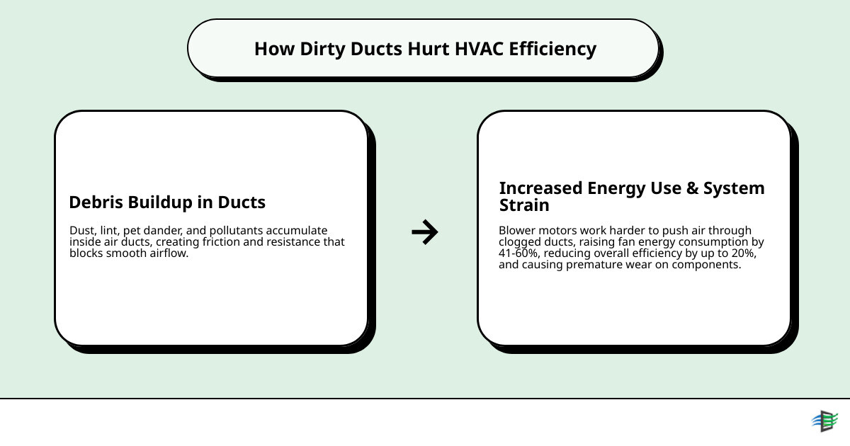 Infographic showing how debris in air ducts restricts airflow and increases HVAC energy use - how air duct cleaning improves Infographic showing how debris in air ducts restricts airflow and increases HVAC energy use - how air duct cleaning improves