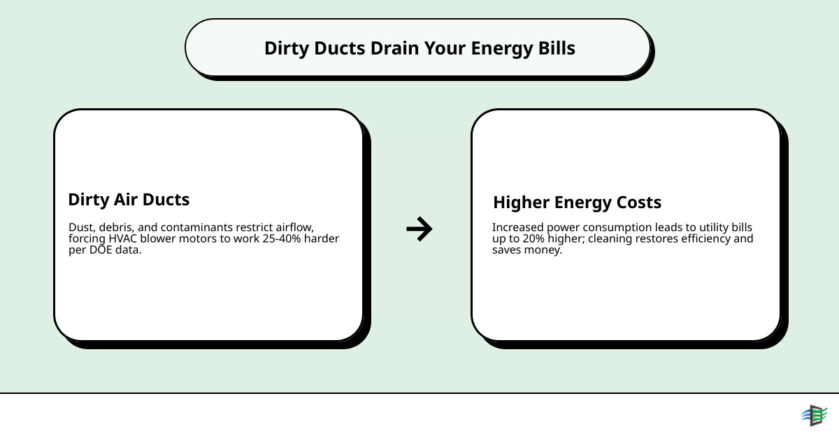 Infographic showing energy waste from dirty ducts vs. clean ducts and potential savings up to 20% - can duct cleaning lower Infographic showing energy waste from dirty ducts vs. clean ducts and potential savings up to 20% - can duct cleaning lower