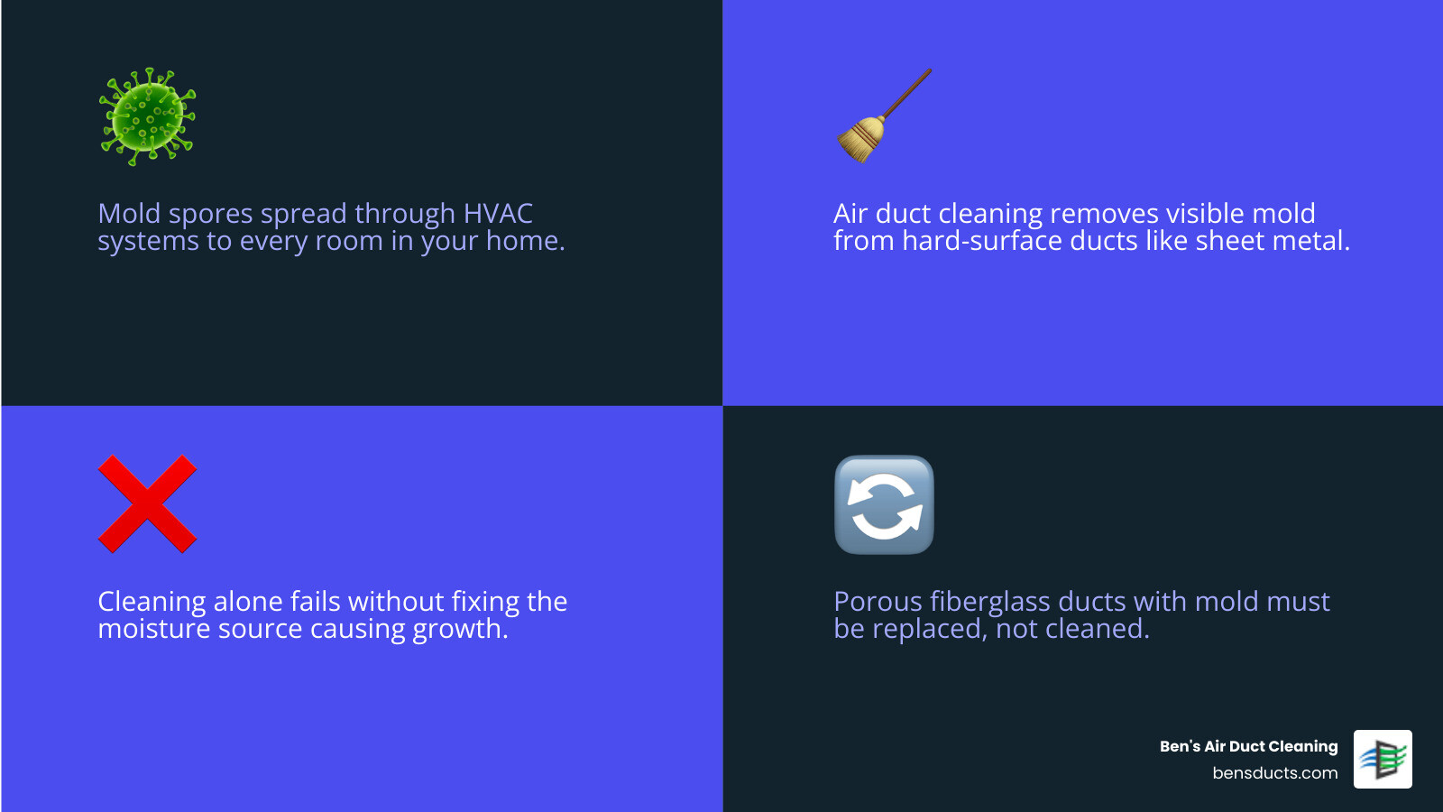 Infographic showing how mold spreads through HVAC ventilation systems and when air duct cleaning helps - does air duct Infographic showing how mold spreads through HVAC ventilation systems and when air duct cleaning helps - does air duct