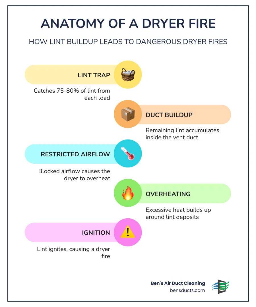 Infographic showing anatomy of a dryer fire: lint trap catches 75-80% of lint, remaining lint builds in duct, airflow