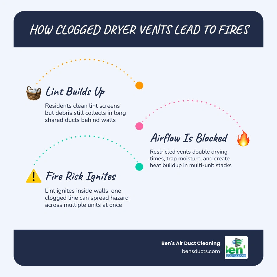 Infographic showing how clogged dryer vents cause lint fires in multi-unit buildings, with stages from lint buildup to