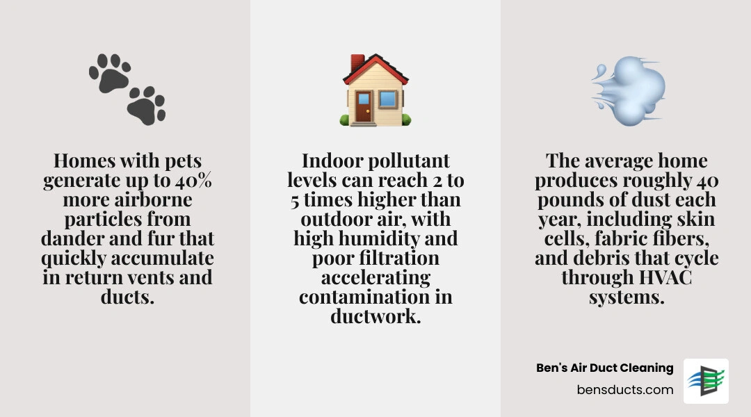 Infographic showing 7 factors that speed up duct contamination including pets, smoking, renovations, poor filtration
