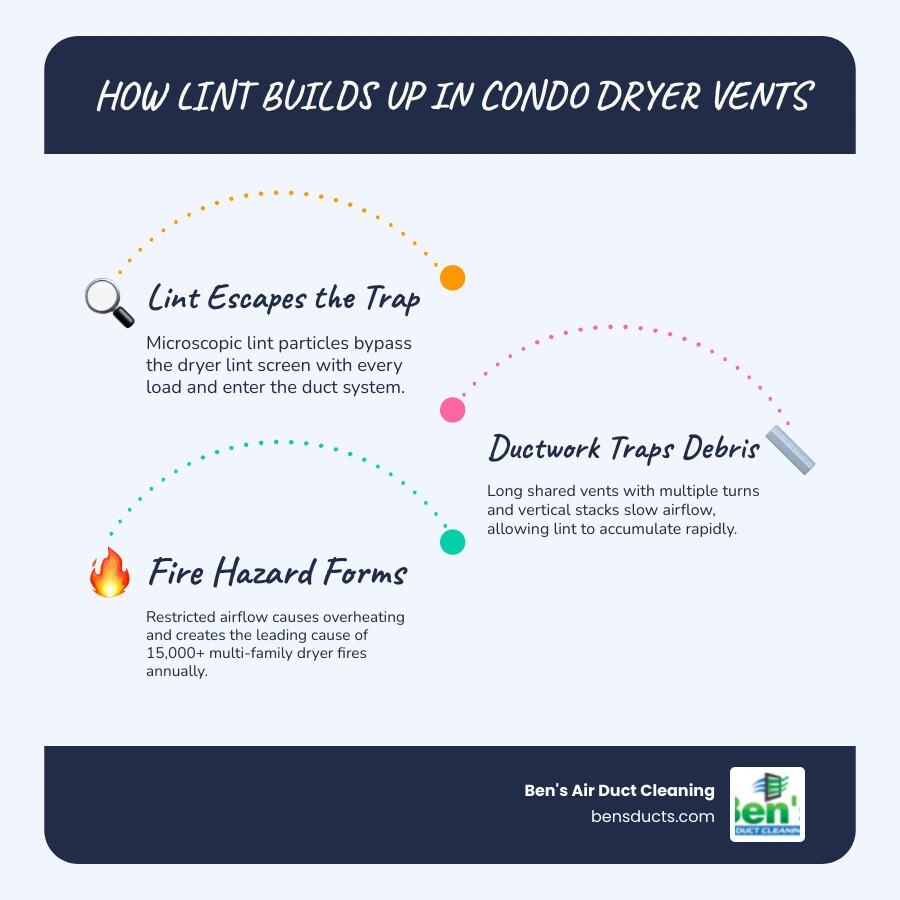 Infographic showing how lint bypasses dryer lint screen and accumulates in long multi-unit duct runs over time infographic