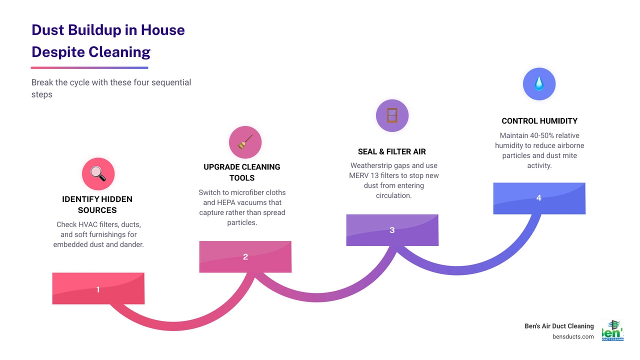 Infographic showing the household dust cycle: sources, airborne circulation via HVAC, surface settling, and re-entry Infographic showing the household dust cycle: sources, airborne circulation via HVAC, surface settling, and re-entry