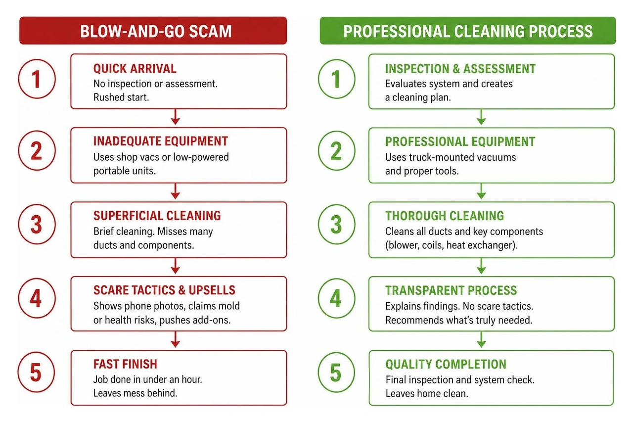 comparison of blow-and-go scam vs professional cleaning process comparison of blow-and-go scam vs professional cleaning process