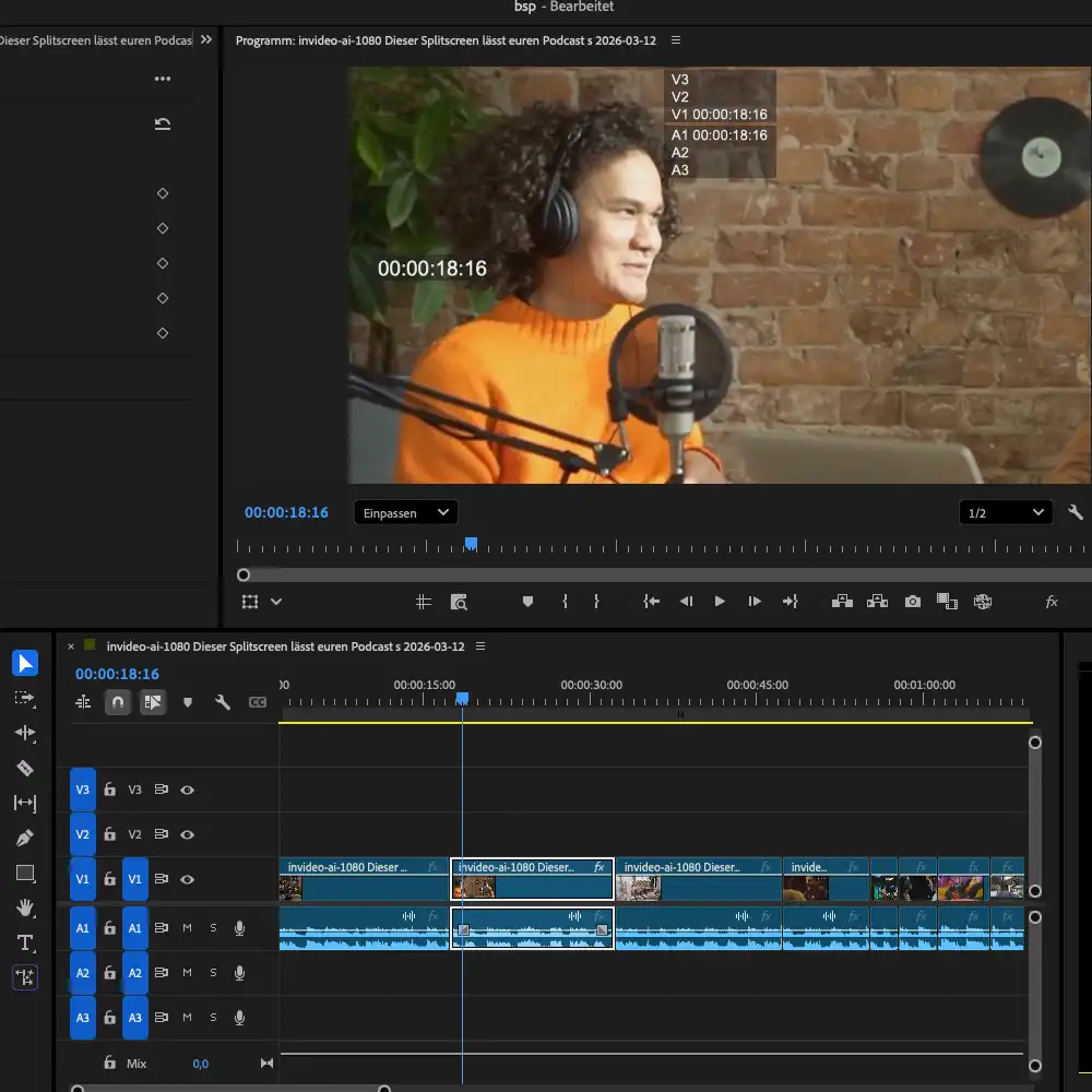 Multicam-Videoschnitt und Farbkorrektur für YouTube-Podcasts.