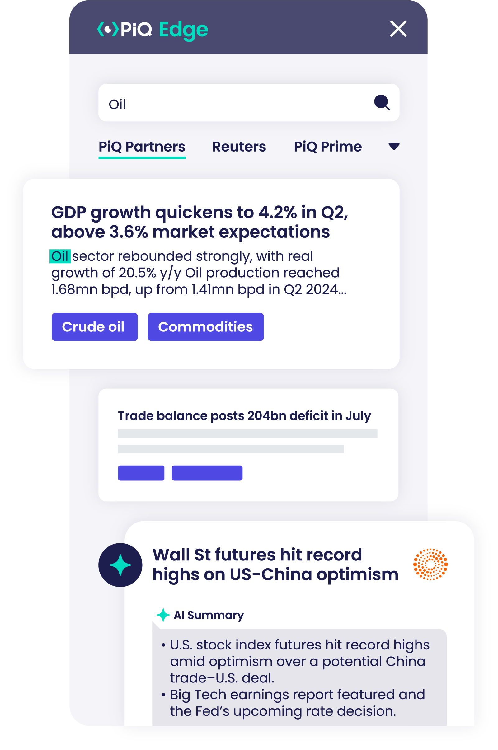 PiQ Edge interface showing search for Oil with partner news on GDP growth surpassing expectations, trade deficit, and Wall Street futures hitting record highs.