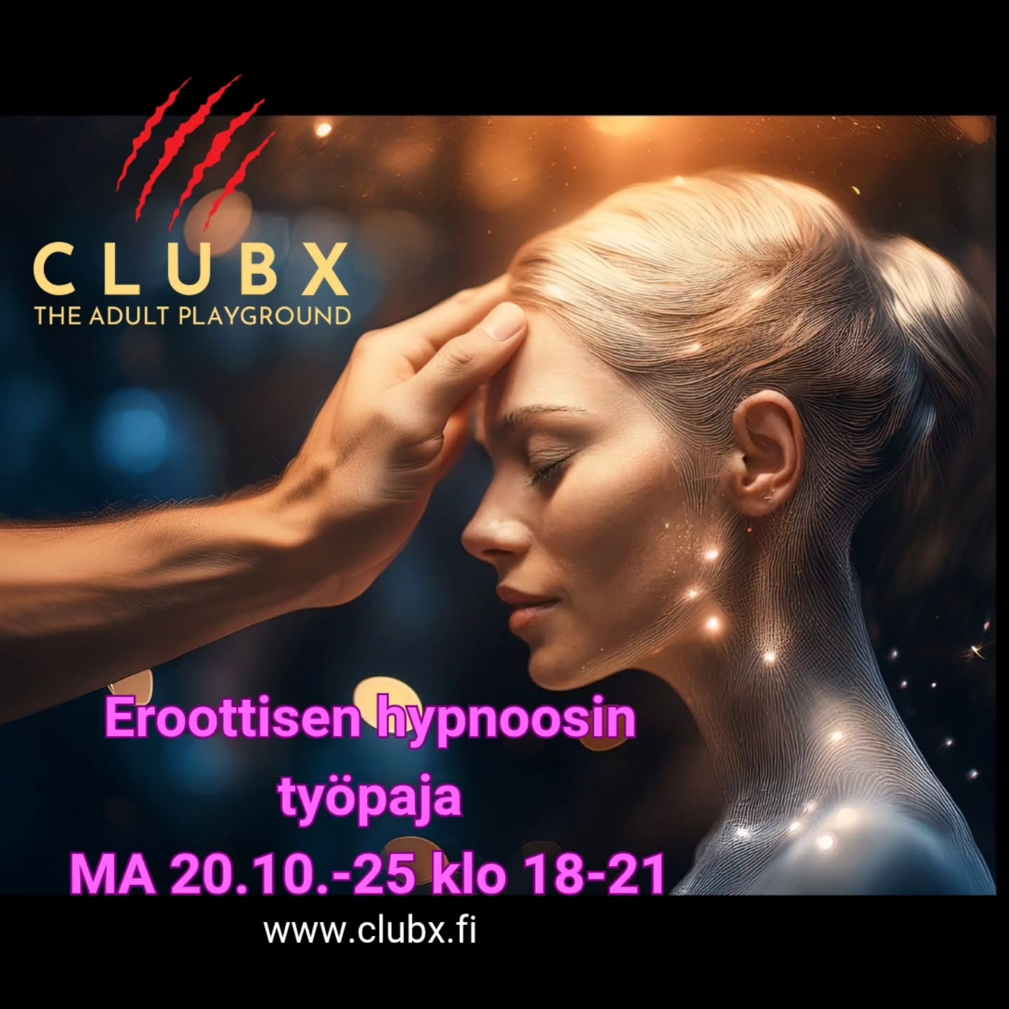 €roottisen hypnoosin työpaja
Aiheena: speedfriending

Tapahtuma on maksullinen. Liput ja lisäinfon löytää
 https://clubx.eventiolive.fi/

Työpajan vetää Tuli ja Zart

#hypnosis #workshop