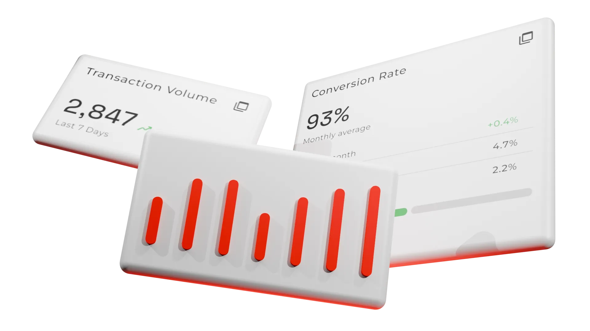 A 3D graphic of floating cards with charts and numbers
