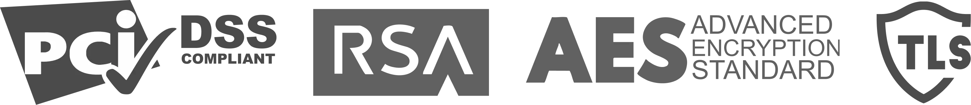 Logos for PCI DSS Compliance, RSA, AES Advanced Encryption Standard, and TLS security protocols.