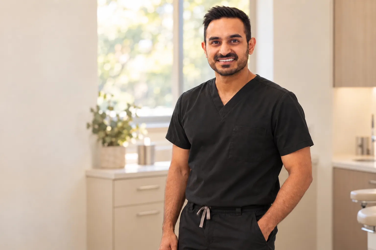 Dr. Shawn Sharma in black scrubs at Palo Alto Oral Health
