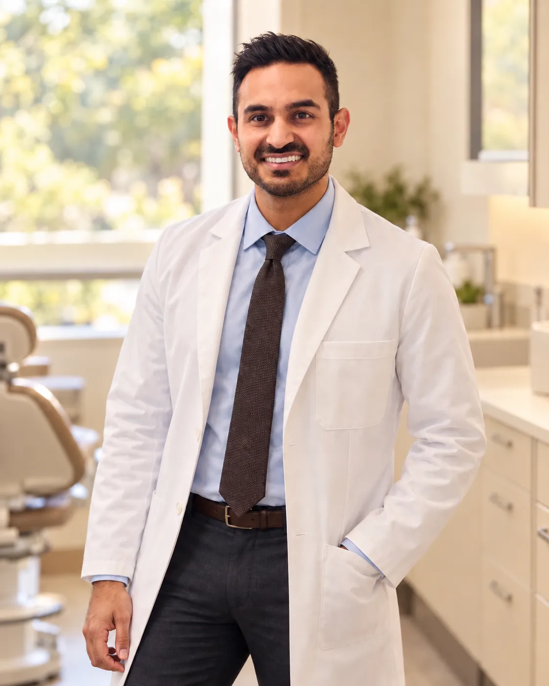 Dr. Shawn Sharma standing in a white coat and tie