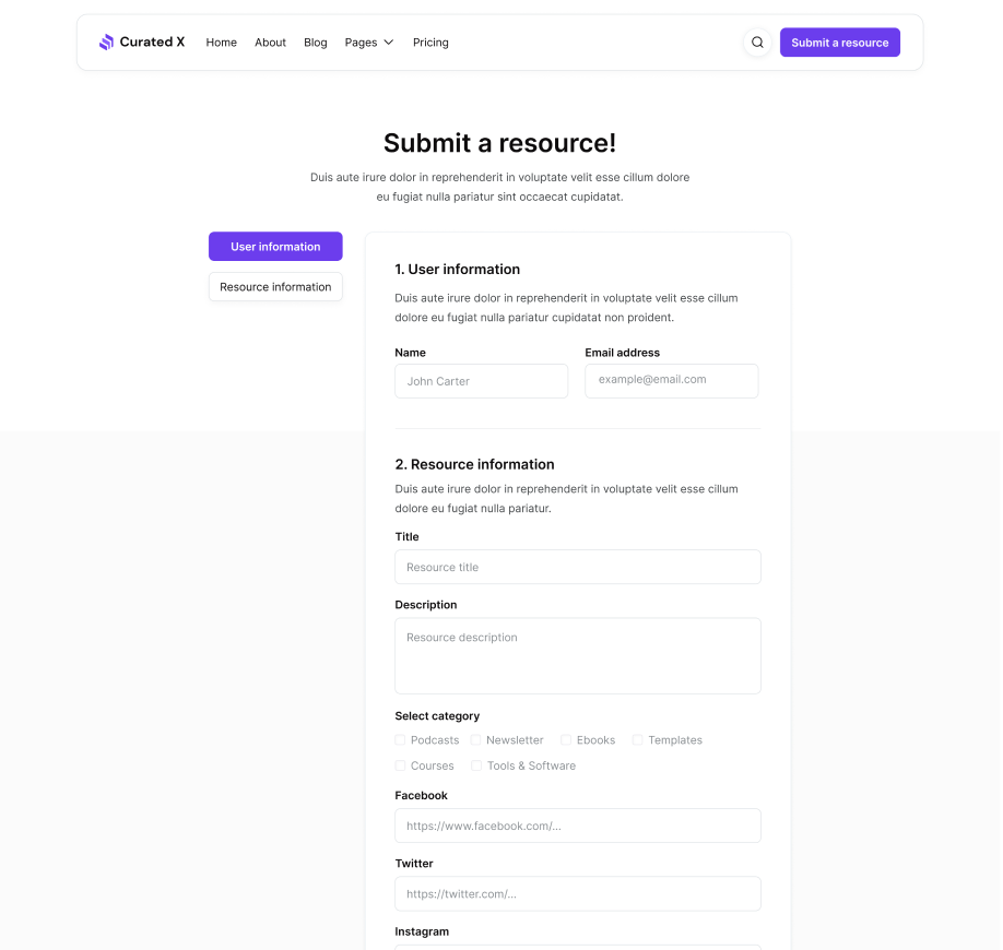Curated X - Submit A Resource Page Curation Website Webflow Template