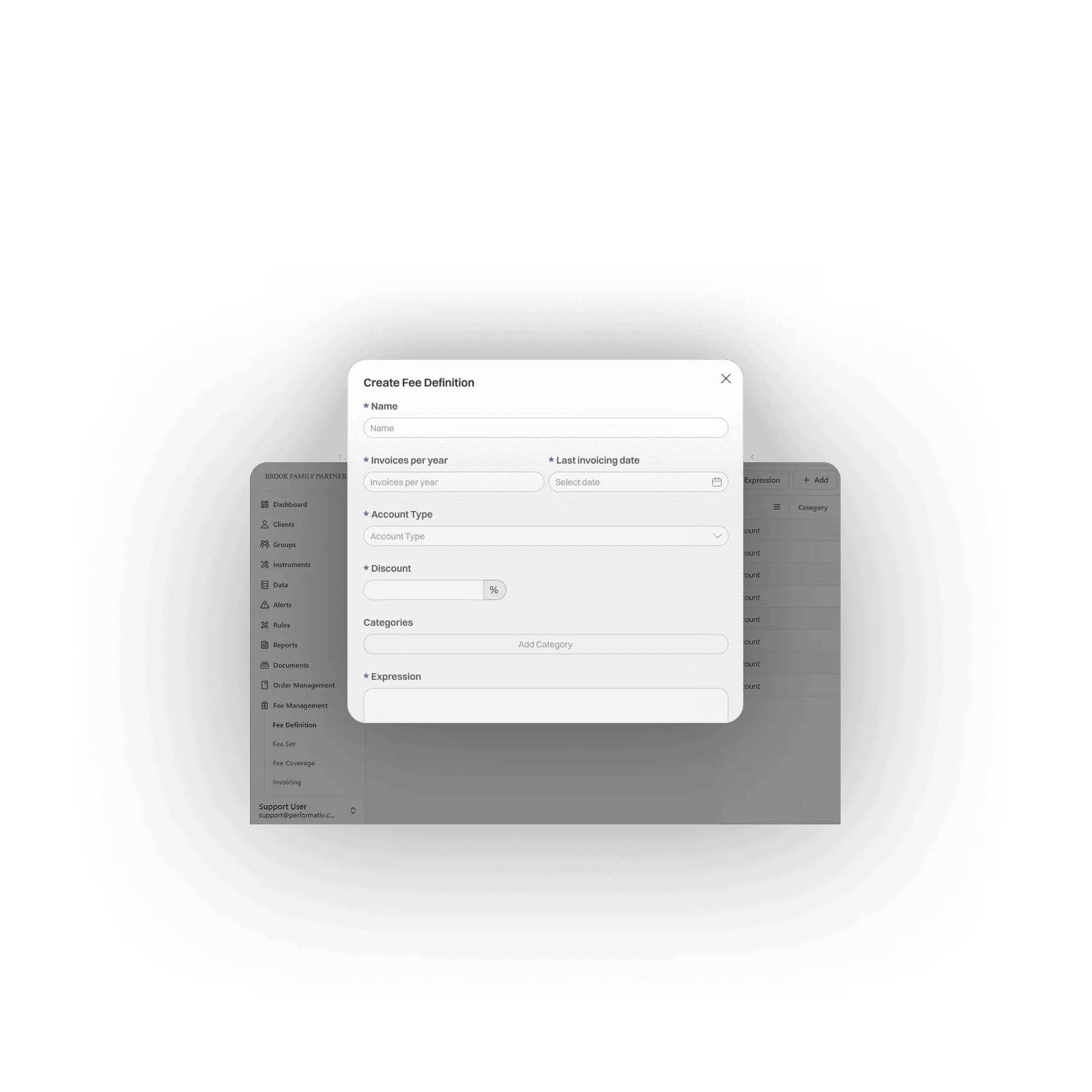 Performativ wealth management platform interface showing fee definition settings: invoice frequency, account type, discount structure.