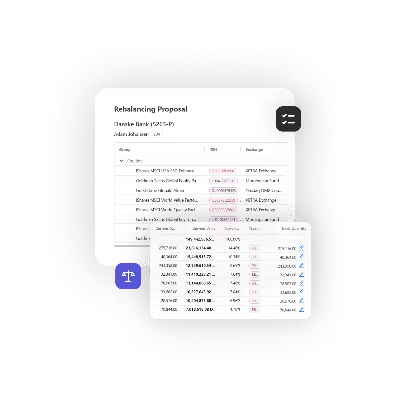 Performativ platform: Rebalancing proposal with fund names, ISINs, exchange details & trade quantities.