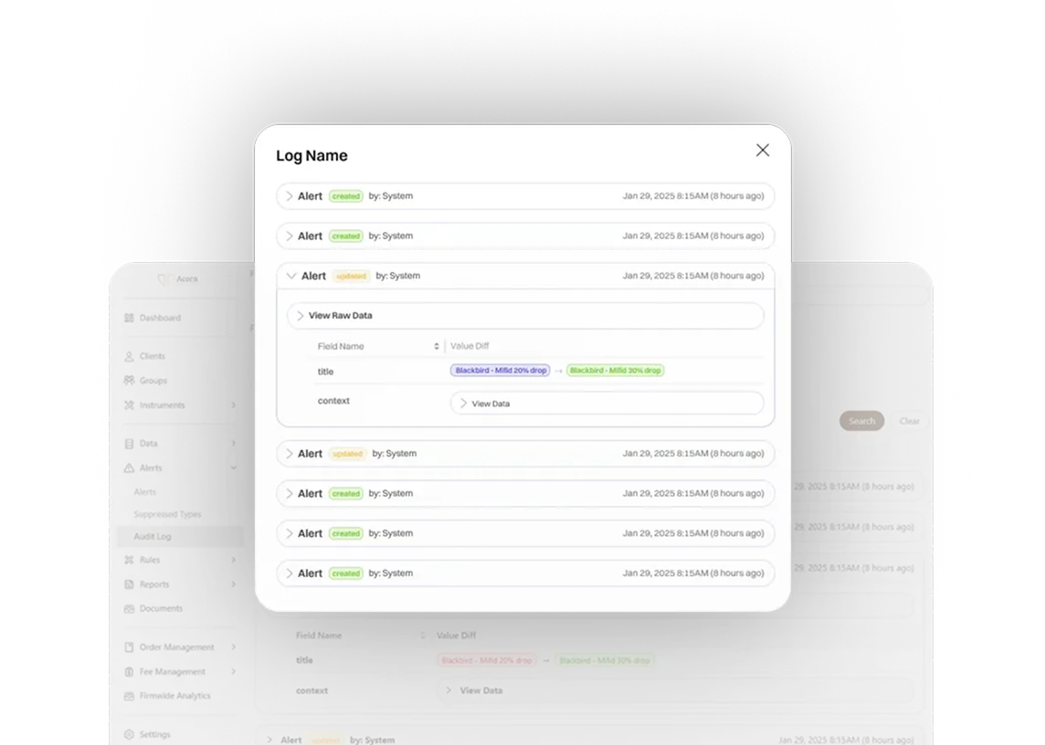 System-generated alerts and log entries from Performativ's platform: audit trail and data change history with timestamps.