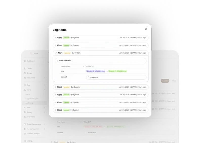 System-generated alerts and log entries from Performativ's platform: audit trail and data change history with timestamps.