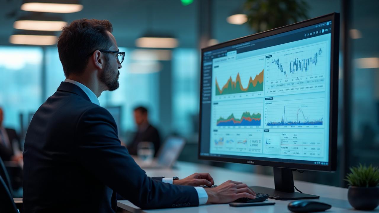Man in a suit working on data analytics with multiple graphs displayed on a large desktop monitor in an office.