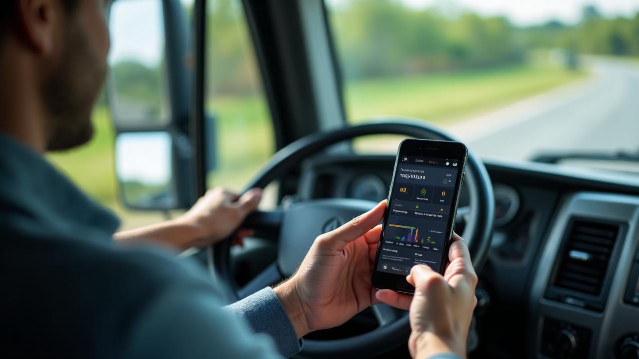 Person holding a smartphone displaying analytics while sitting in the driver's seat of a vehicle.