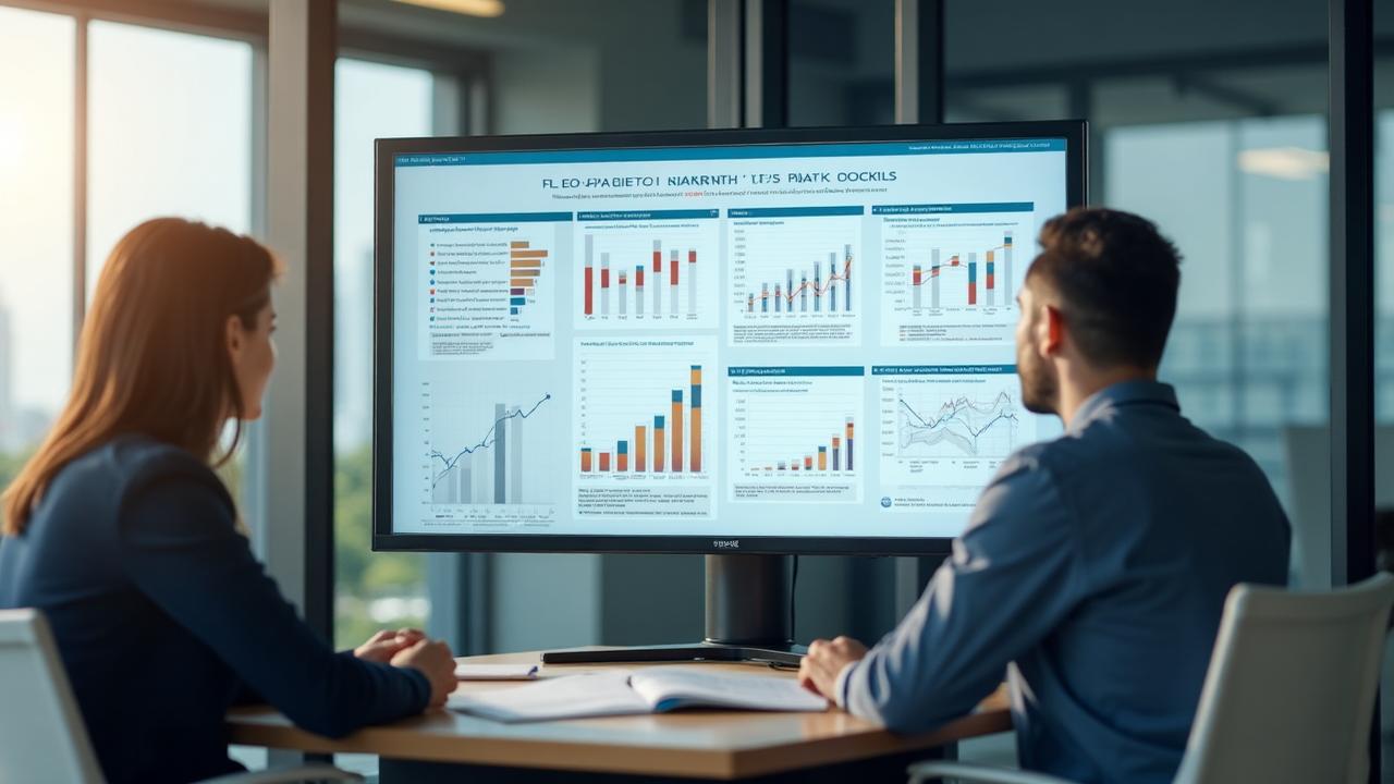 Two business professionals sitting at a table, reviewing various bar and line charts displayed on a large monitor in a modern office.