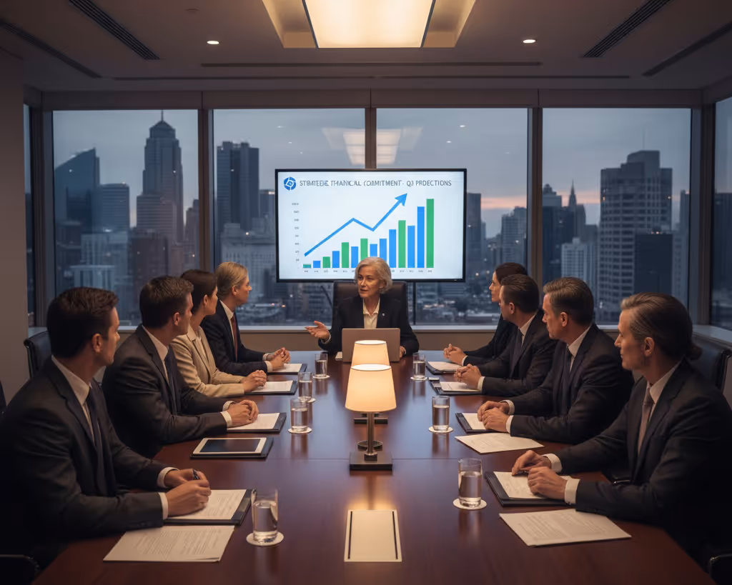 A businesswoman chairing a board of directors and presenting financial charts to seven directors sitting around a large table overlooking a city.