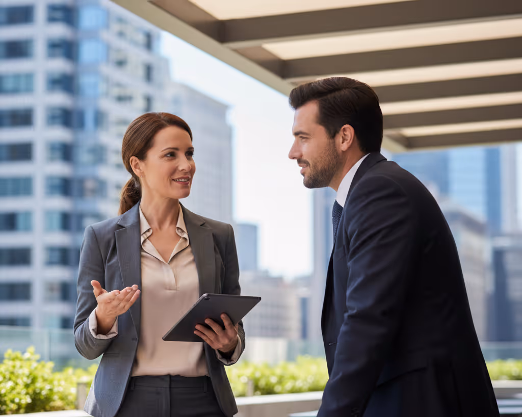 Une femme d'affaires en costume utilisant une tablette discute avec un homme en costume dans un environnement urbain extérieur.
