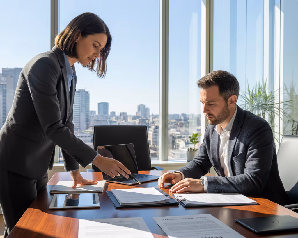Une femme debout en costume sombre explique des documents à un homme assis dans un bureau lumineux avec vue sur la ville.