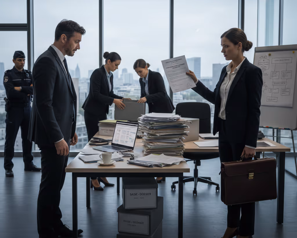 Une commissaire de justice et un homme en costume noir discutent dans un bureau avec une pile importante de dossiers sur une table, tandis qu'un policier observe en arrière-plan.