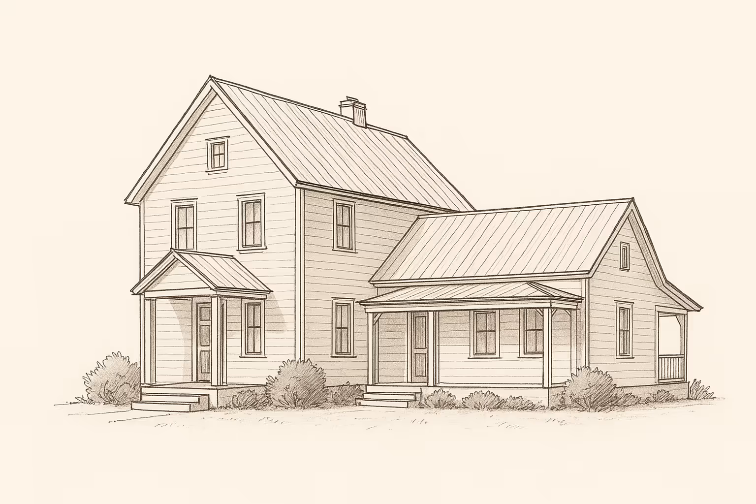 Sepia-toned sketch of a two-story house with an attached single-story extension and small porch.