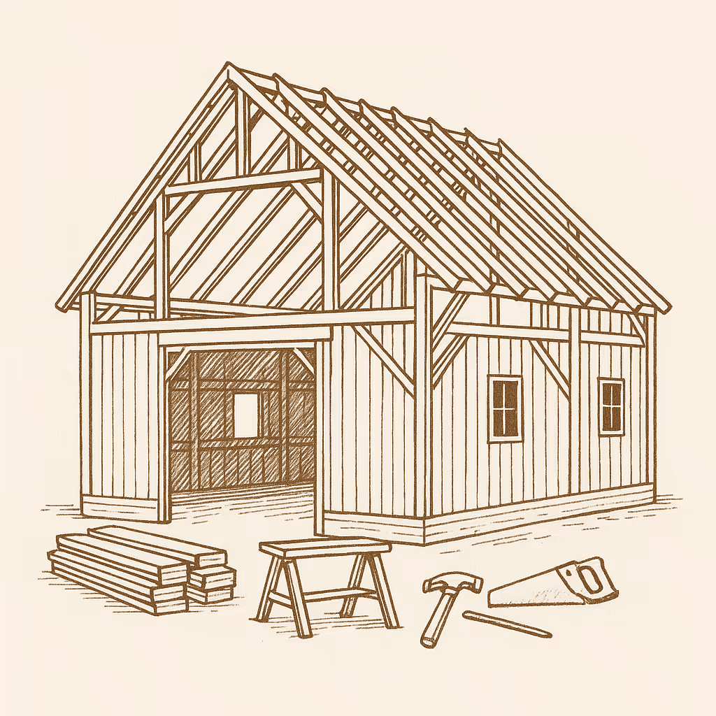 Illustration of a partially built wooden barn frame with stacked lumber, a saw horse, hammer, and saw nearby.