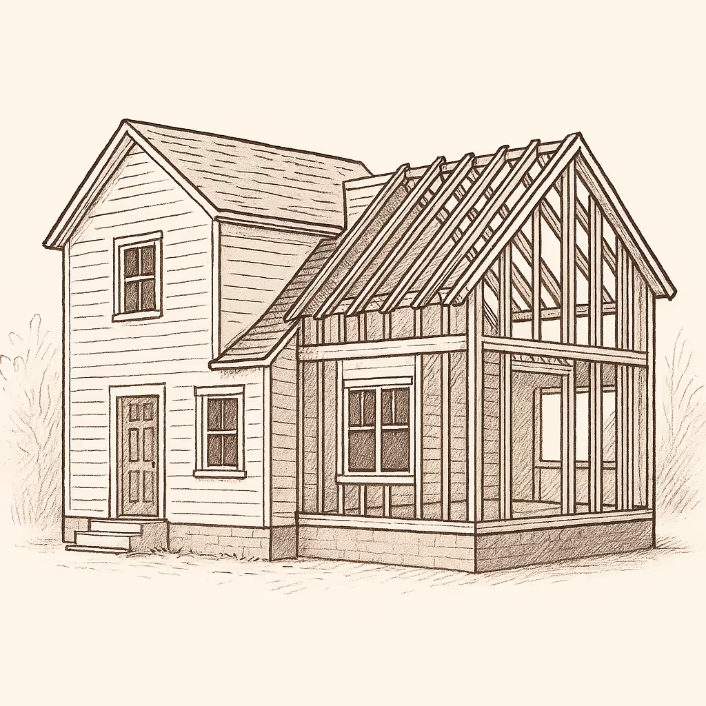 Sketch of a house featuring a completed section with siding and windows alongside a partially framed extension with exposed wooden beams.