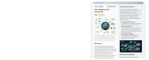 Web page showing Flow-Adaptive Grid Structuring inspired by coral reefs with functional architecture and integration details.