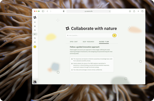 Webpage titled 'Collaborate with nature' offering guided innovation approach for bio-inspired research and chat.