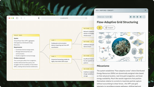 Diagram showing Virtual Power Plant system issues, causes, sub-causes, and a bio-inspired grid concept panel.