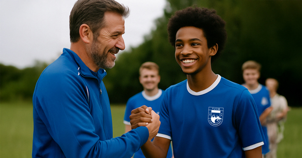 Poignée de main entre un entraîneur du TUVB et un jeune joueur souriant, illustrant les valeurs de transmission et de respect.