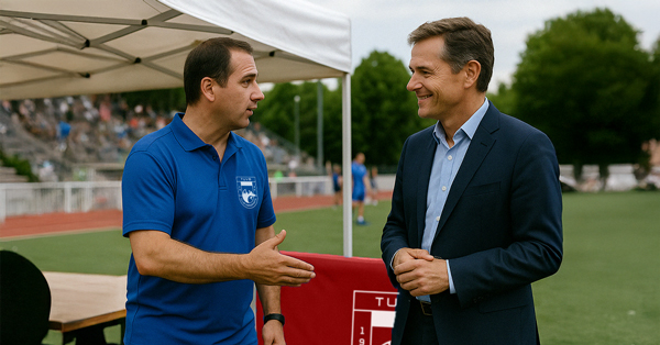 Échange entre un responsable du TUVB et un partenaire lors d’un événement sportif, devant une banderole aux couleurs du club.