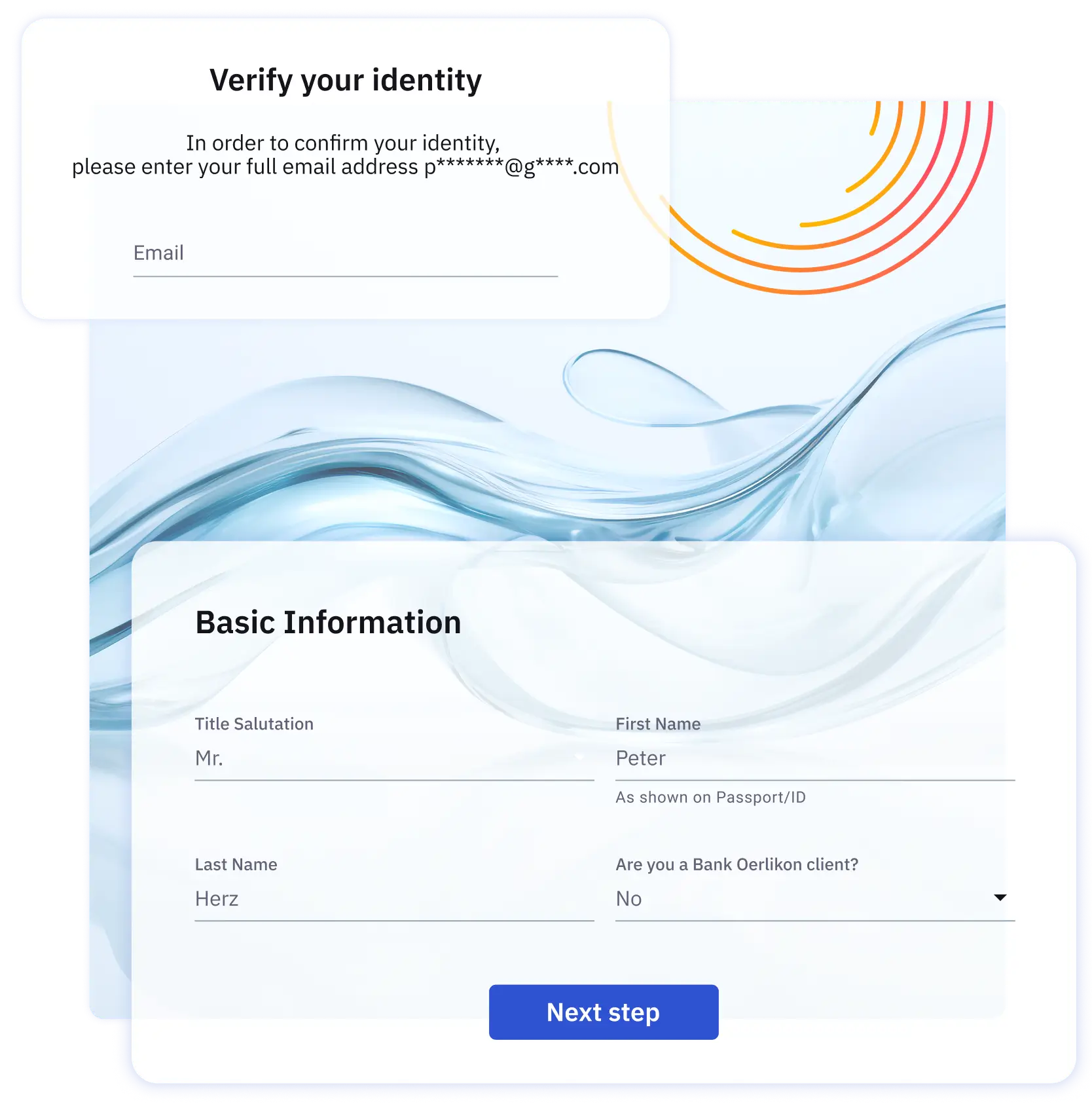Identity verification step in a client lifecycle journey,
showing secure data collection and next steps