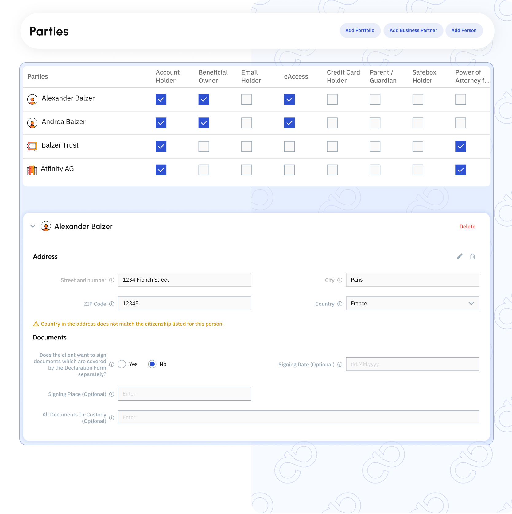 Client onboarding workspace showing parties, roles,
documents and address validation for KYC onboarding